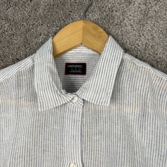 Untuckit Shirt Womens 4 White Stripe Button Up Long Sleeve Linen Blend Top - Picture 5 of 11